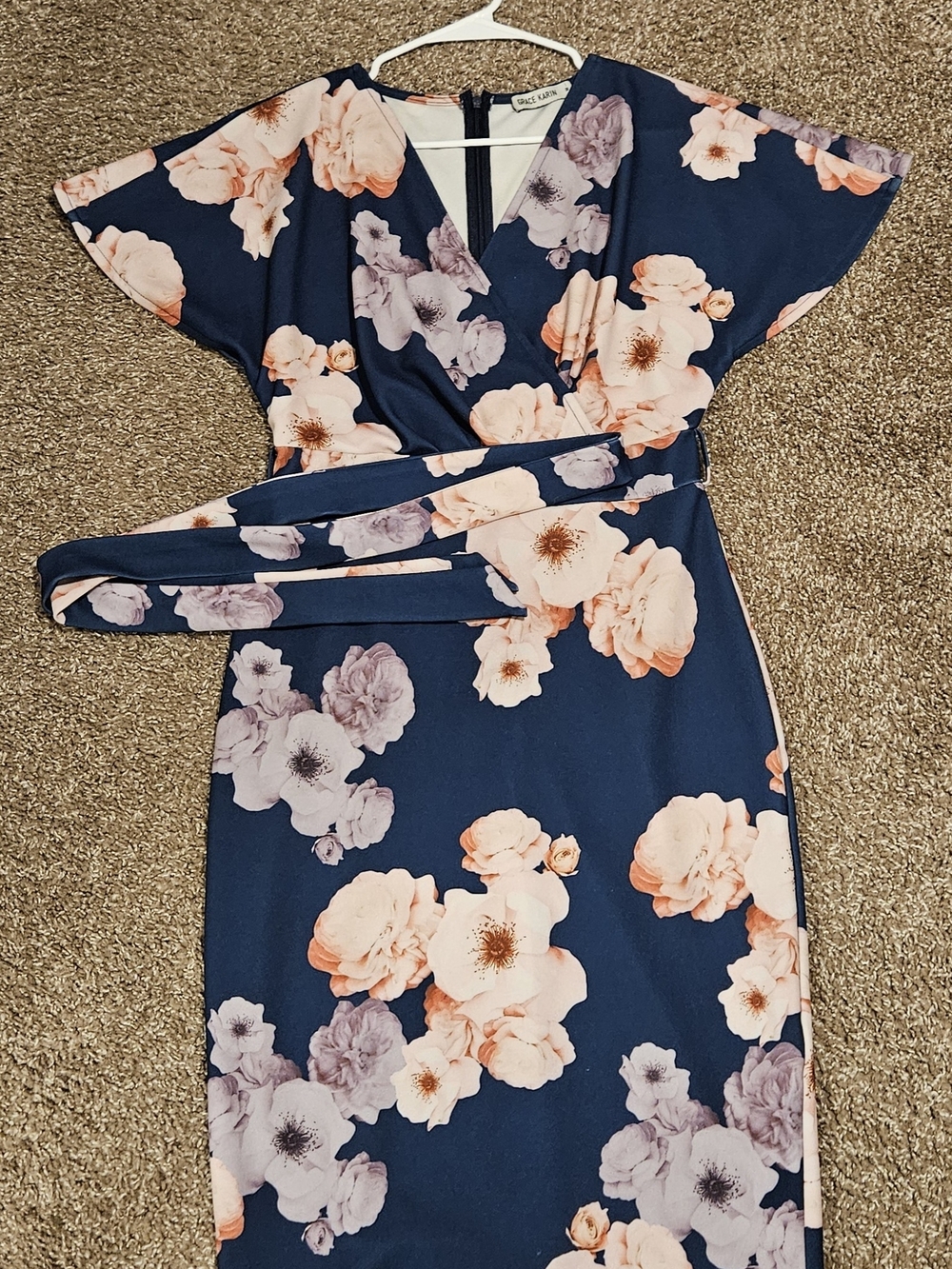 Grace Karin Navy Floral Midi Dress with Peach and Lavender Blooms